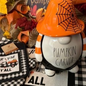 Rae Dunn Halloween PUMPKIN CARVER Gnome Canister cookie Orange Black White NEW